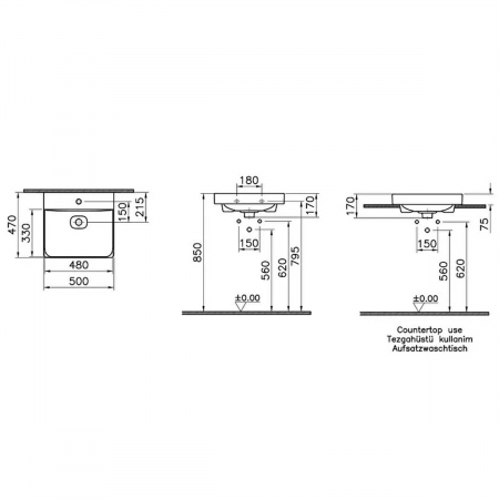 Lavoar / chiuveta baie standard, 50cm cu orificiu pentru baterie, fara orificiul preaplin, pe blat | 7525B020-0937 [1]