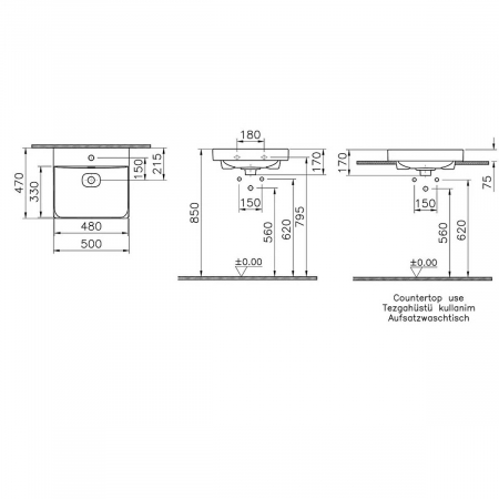 Lavoar / chiuveta baie standard, 50cm cu orificiul pentru baterie si preaplin | 7525B076-0001 [1]