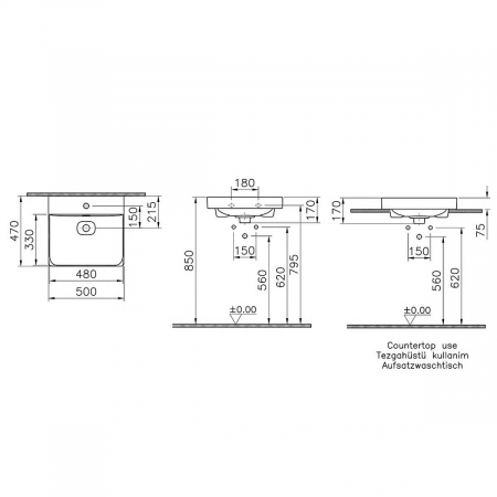 Lavoar / chiuveta baie standard, 50cm cu orificiul pentru baterie si preaplin | 7525B083-0001 [1]