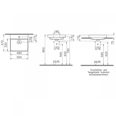 Lavoar / chiuveta baie standard, 50cm cu orificiul pentru baterie si preaplin, pe blat | 7525B001-0973 [1]