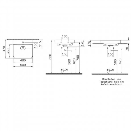 Lavoar / chiuveta baie standard, 50cm cu orificiul pentru baterie si preaplin, pe blat | 7525B003-0973 [1]