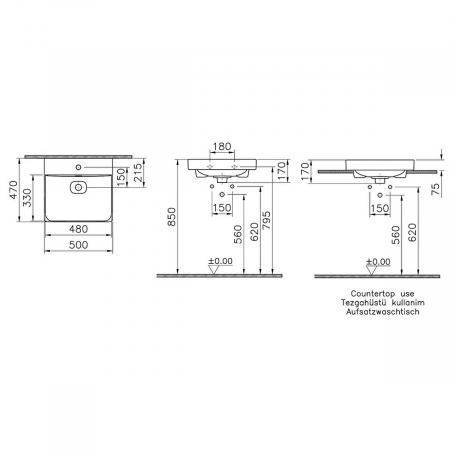 Lavoar / chiuveta baie standard, 50cm cu orificiul pentru baterie si preaplin, pe blat | 7525B020-0973 [1]