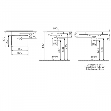 Lavoar / chiuveta baie standard, 50cm cu orificiul pentru baterie si preaplin, pe blat | 7525B076-0973 [1]