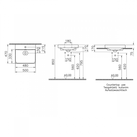 Lavoar / chiuveta baie standard, 50cm cu orificiul pentru baterie si preaplin, pe blat | 7525B083-0973 [1]
