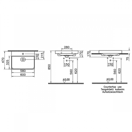 Lavoar / chiuveta baie standard 60cm cu orificiu pentru baterie, fara orificiul preaplin, pe blat | 7526B003-0937 [1]