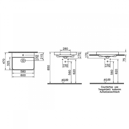 Lavoar / chiuveta baie standard 60cm cu orificiu pentru baterie, fara orificiul preaplin, pe blat | 7526B083-0937 [1]