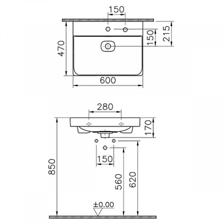 Lavoar / chiuveta baie standard 60cm cu orificiul pentru baterie si preaplin, cu orificiu pentru dozator sapun lichid | 7526B003-1514 [1]