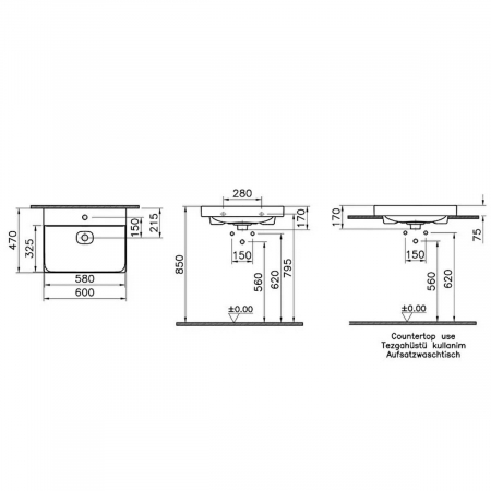 Lavoar / chiuveta baie standard 60cm cu orificiul pentru baterie si preaplin, pe blat | 7526B003-0973 [1]