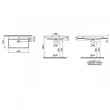 Lavoar / chiuveta baie standard 80cm cu orificiu pentru baterie, fara orificiul preaplin | 7527B020-0041 [1]