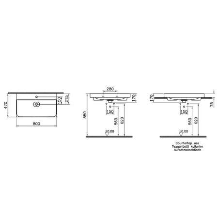 Lavoar / chiuveta baie standard 80cm cu orificiu pentru baterie, fara orificiul preaplin | 7527B076-0041 [1]