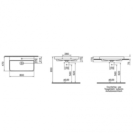 Lavoar / chiuveta baie standard 80cm cu orificiu pentru baterie, fara orificiul preaplin, pe blat | 7527B003-0937 [1]