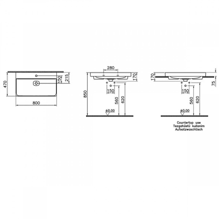 Lavoar / chiuveta baie standard 80cm cu orificiu pentru baterie, fara orificiul preaplin, pe blat | 7527B020-0937 [1]