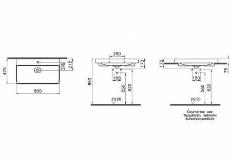 Lavoar / chiuveta baie standard 80cm cu orificiu pentru baterie, fara orificiul preaplin, pe blat | 7527B076-0937 [1]