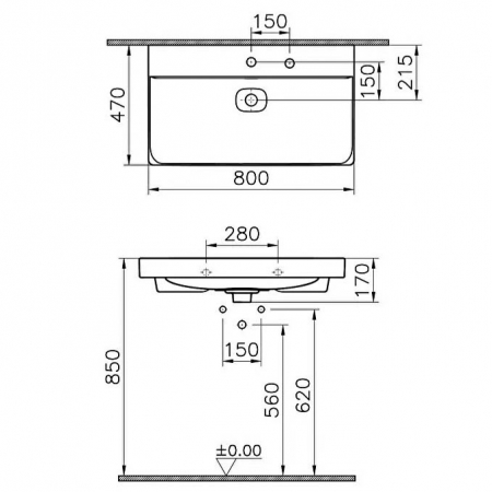 Lavoar / chiuveta baie standard 80cm cu orificiul pentru baterie si preaplin, cu orificiu pentru dozator sapun lichid | 7527B003-1514 [1]