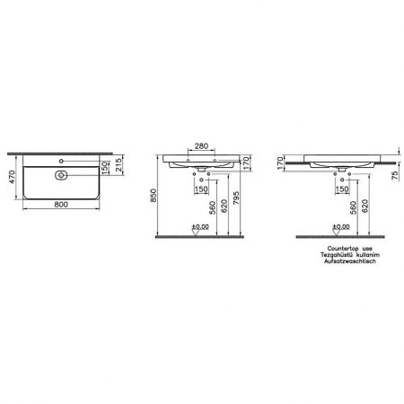 Lavoar / chiuveta baie standard 80cm cu orificiul pentru baterie si preaplin, pe blat | 7527B076-0973 [1]