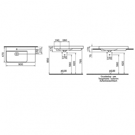 Lavoar / chiuveta baie standard, 90cm cu orificiul pentru baterie si preaplin, pe blat | 7528B076-0973 [1]