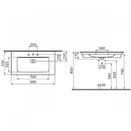 Lavoar / chiuveta baie tip vanity 100cm, cu 3 orificii pentru baterie, cu orificiul preaplin | 7539B003-0033 [1]