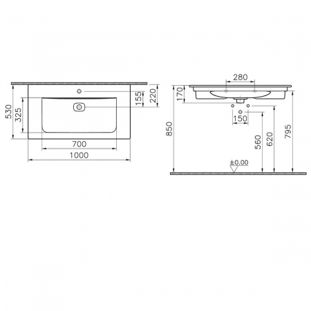 Lavoar / chiuveta baie tip vanity 100cm cu orificiul pentru baterie si preaplin | 7539B076-0001 [1]