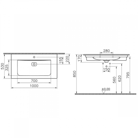 Lavoar / chiuveta baie tip vanity 100cm cu orificiul pentru baterie si preaplin | 7539B083-0001 [1]