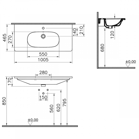 Lavoar / chiuveta baie tip vanity 100cm cu orificiul pentru baterie si preaplin | 7794B003-0001 [1]
