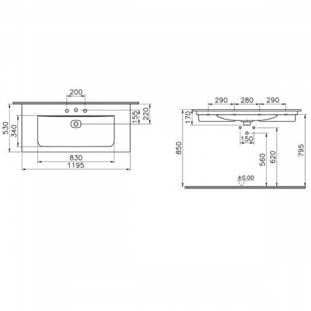Lavoar / chiuveta baie tip vanity 120 cm cu 3 tap hole, cu orificiul preaplin | 7540B003-0033 [1]
