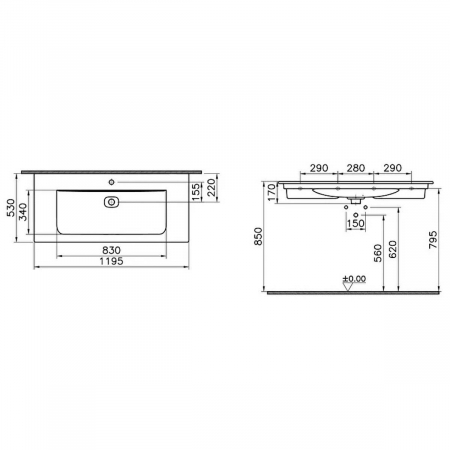 Lavoar / chiuveta baie tip vanity 120 cm cu orificiul pentru baterie si preaplin | 7540B020-0001 [1]