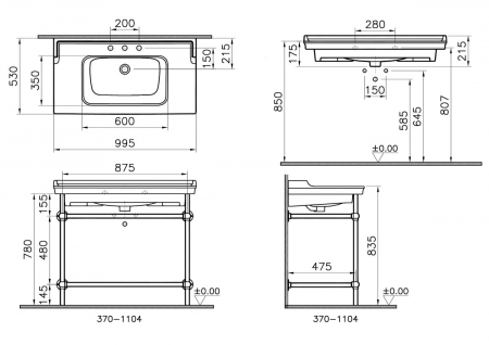 Lavoar / chiuveta baie tip vanity, 3 orificii pentru baterie, orificiu preaplin 100cm, cu picioare metalice | 7803B003-6176 [1]