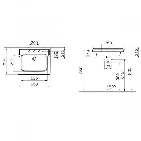 Lavoar / chiuveta baie tip vanity, 3 orificii pentru baterie, orificiu preaplin, 65cm | 7801B003-0033 [1]