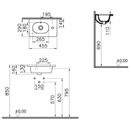 Lavoar / chiuveta baie tip vanity 45cm, proiectie scurta cu orificiu pentru baterie pe dreapta, cu orificiul preaplin | 7789B003-0029 [1]