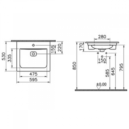 Lavoar / chiuveta baie tip vanity 60cm cu 3 orificii pentru baterie, cu orificiul preaplin | 7537B003-0033 [1]
