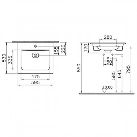 Lavoar / chiuveta baie tip vanity 60cm cu orificiu pentru dozator sapun lichid pentru baterie si preaplin | 7537B003-1514 [1]