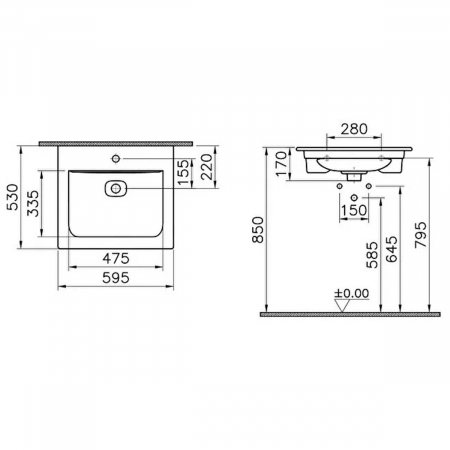Lavoar / chiuveta baie tip vanity 60cm cu orificiul pentru baterie si preaplin | 7537B076-0001 [1]