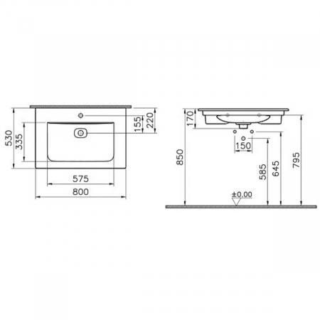 Lavoar / chiuveta baie tip vanity 80cm, cu 3 orificii pentru baterie, cu orificiul preaplin | 7538B003-0033 [1]