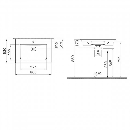 Lavoar / chiuveta baie tip vanity 80cm cu orificiul pentru baterie si preaplin | 7538B001-0001 [1]