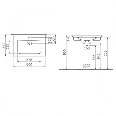 Lavoar / chiuveta baie tip vanity 80cm cu orificiul pentru baterie si preaplin | 7538B076-0001 [1]