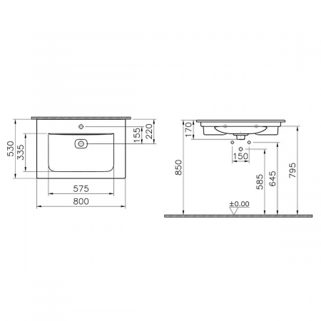 Lavoar / chiuveta baie tip vanity 80cm cu orificiul pentru baterie si preaplin | 7538B083-0001 [1]