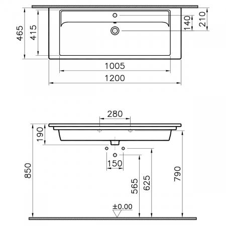 Lavoar / chiuveta baie tip vanity, cu orificiu baterie, orificiu preaplin 120 cm | 7058B003-0001 [1]