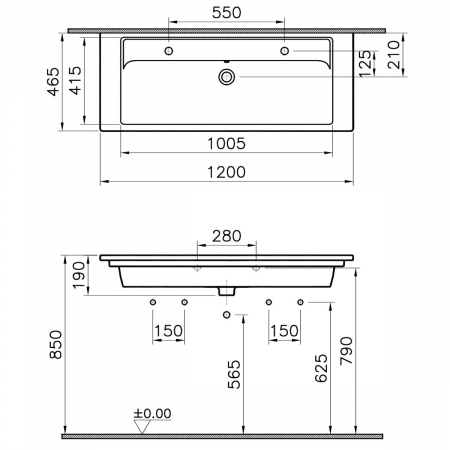 Lavoar / chiuveta baie tip vanity, cu orificiu baterie, orificiu preaplin 120 cm | 7058B003-1474 [1]