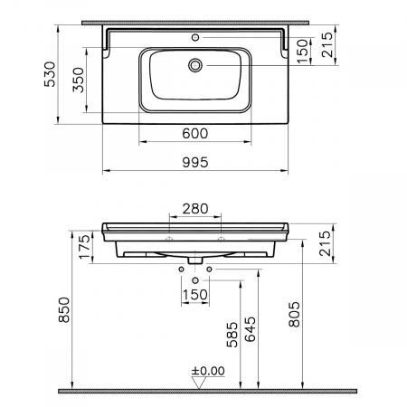 Lavoar / chiuveta baie tip vanity, cu orificiu pentru baterie si preaplin 100cm | 7803B003-0001 [1]