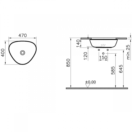 Lavoar / chiuveta baie triunghiulara sub blat, 47cm, fara orificiu baterie, fara orificiul preaplin, alb | 7812B403-1083 [1]