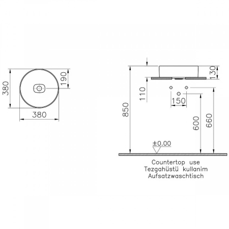 ‎Lavoar / chiuveta rotunda tip bol 38cm fara orificiu baterie, fara orificiul preaplin, pe blat | 7542B020-1398 [1]