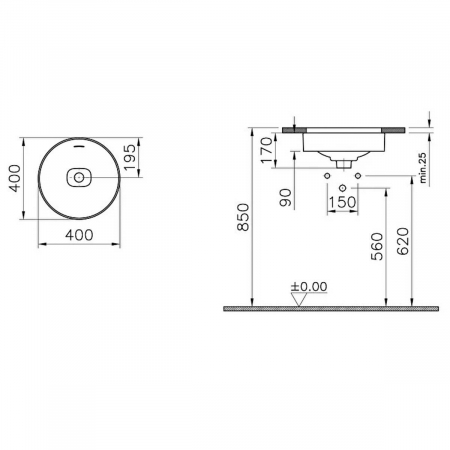 ‎Lavoar / chiuveta rotunda tip bol 40cm fara orificiu baterie, cu orificiul preaplin, sub blat | 7532B083-1082 [1]