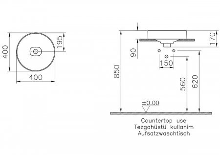 ‎Lavoar / chiuveta rotunda tip bol 40cm fara orificiu baterie, fara orificiul preaplin, pe blat | 7532B020-1398 [1]