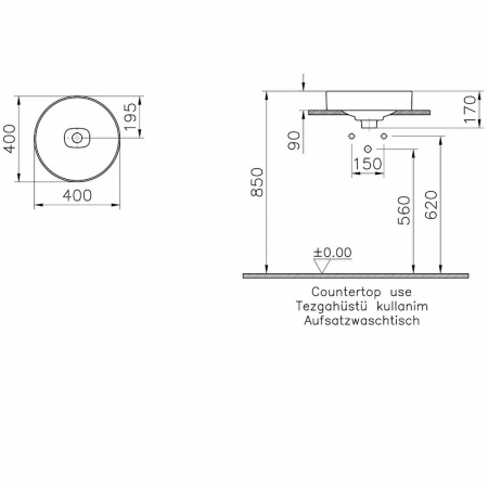 ‎Lavoar / chiuveta rotunda tip bol 40cm fara orificiu baterie, fara orificiul preaplin, pe blat | 7532B083-1398 [1]