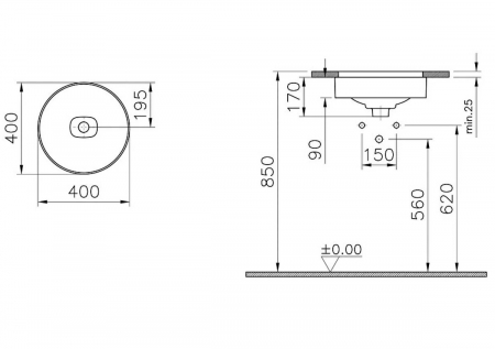 ‎Lavoar / chiuveta rotunda tip bol 40cm fara orificiu baterie, fara orificiul preaplin, sub blat | 7532B076-1083 [1]