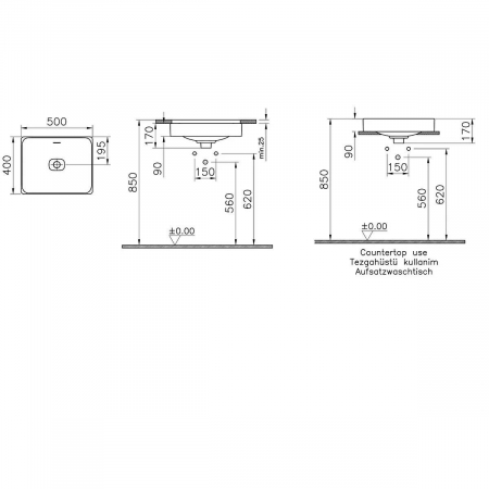 Lavoar dreptunghiular tip bol 50cm x 40cm fara orificiu baterie, cu orificiul preaplin, pe blat | 7534B020-0673 [1]