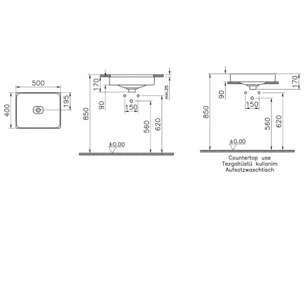 Lavoar dreptunghiular tip bol 50cm x 40cm fara orificiu baterie, fara orificiul preaplin, sub blat | 7534B083-1083 [1]