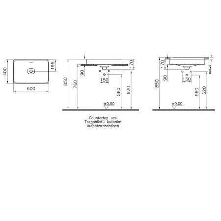Lavoar dreptunghiular tip bol 60cm x 40cm fara orificiu baterie, cu orificiul preaplin, pe blat | 7535B020-0673 [1]
