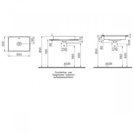 Lavoar dreptunghiular tip bol 60cm x 40cm fara orificiu baterie, cu orificiul preaplin, sub blat | 7535B076-1082 [1]
