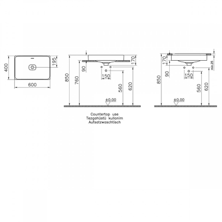 Lavoar dreptunghiular tip bol 60cm x 40cm fara orificiu baterie, fara orificiul preaplin, pe blat | 7535B020-1398 [1]